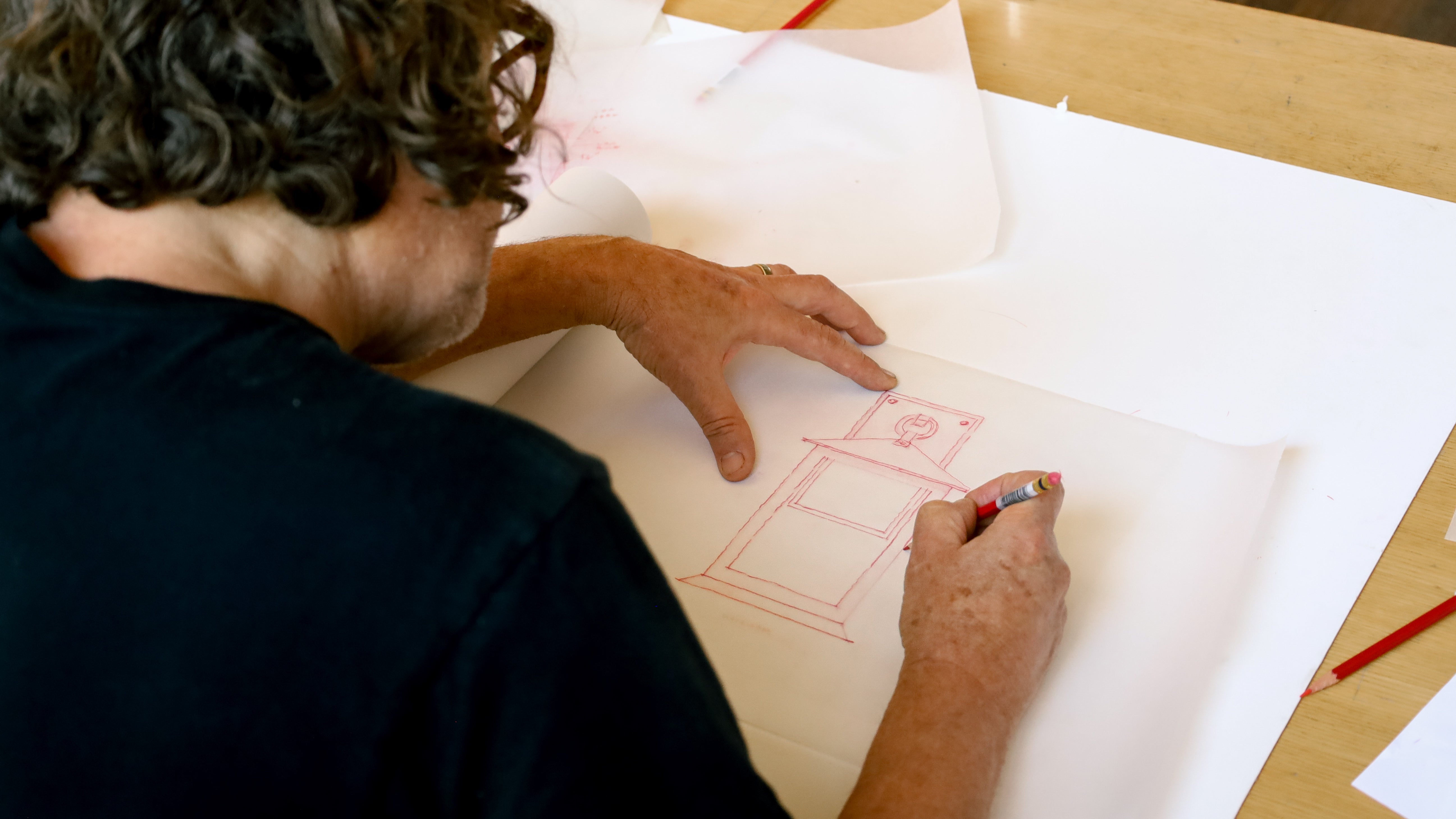 Britt Jewett drawing handmade Meridian Outdoor Wall Sconce Light Fixture by Santa Barbara Lighting Company | Architect of Studio 7 | Architectural lighting | Luxury home design, Luxury Lighting