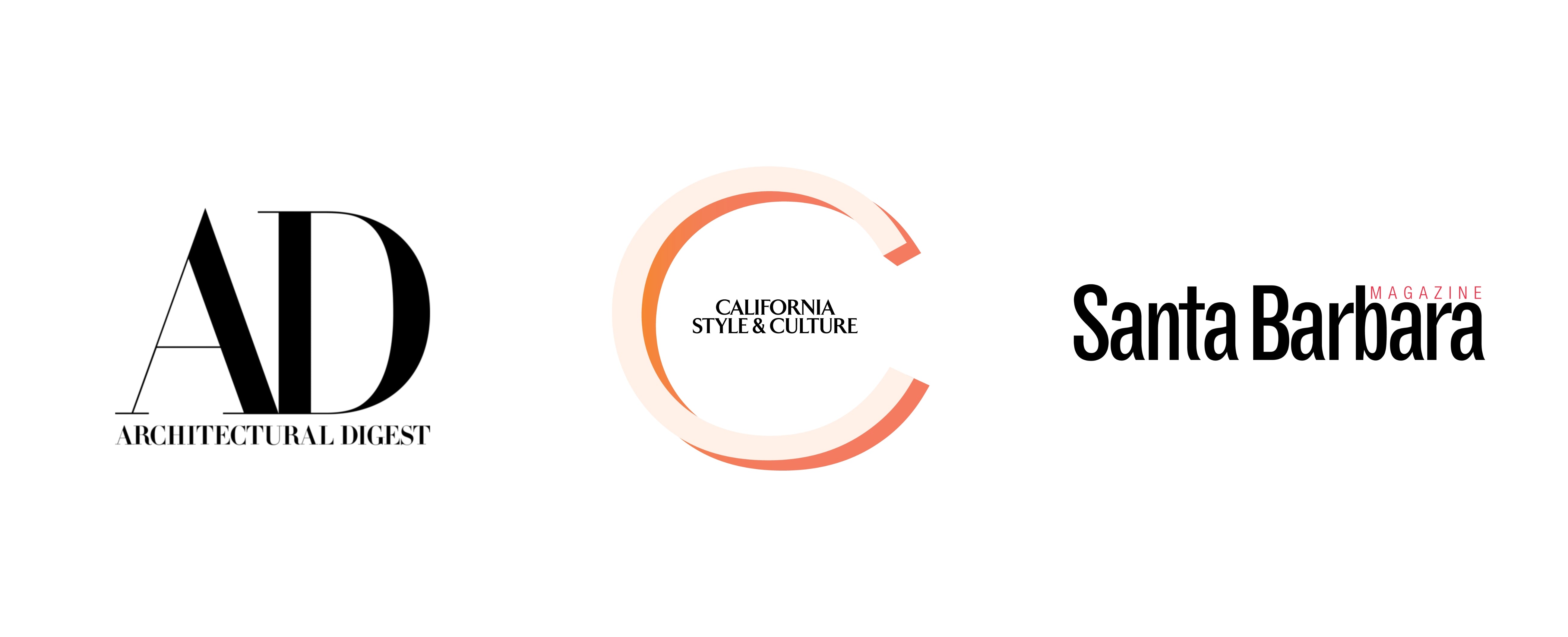Three logos on a white background: the Architectural Digest 'AD' mark on the left, a circular 'C' emblem with 'CALIFORNIA STYLE & CULTURE' text in the center, and the Santa Barbara 'S' mark on the right.