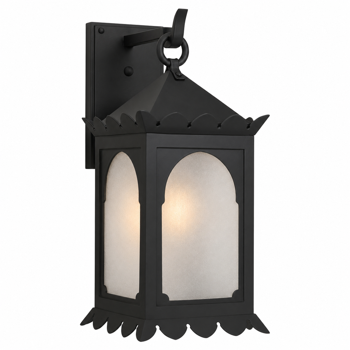 A black outdoor wall sconce with a decorative scalloped frame and frosted glass panels, shown against a plain white background.