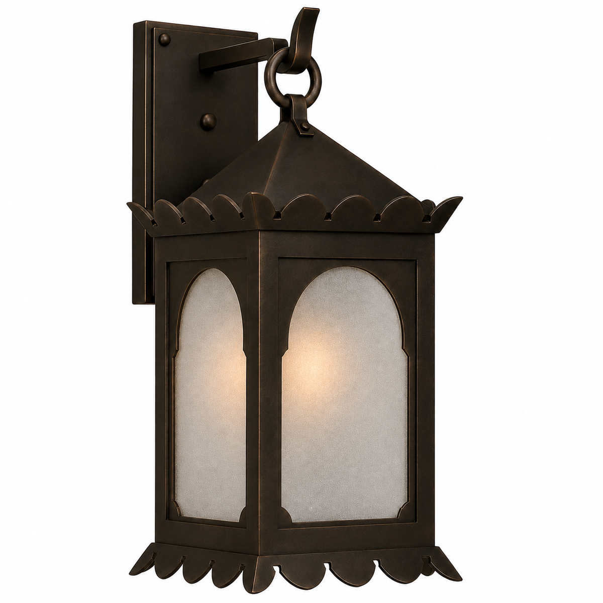A single outdoor wall sconce with a dark bronze metal frame, scalloped decorative edges, and frosted glass panels that glow warm white when lit, shown against a plain white background.