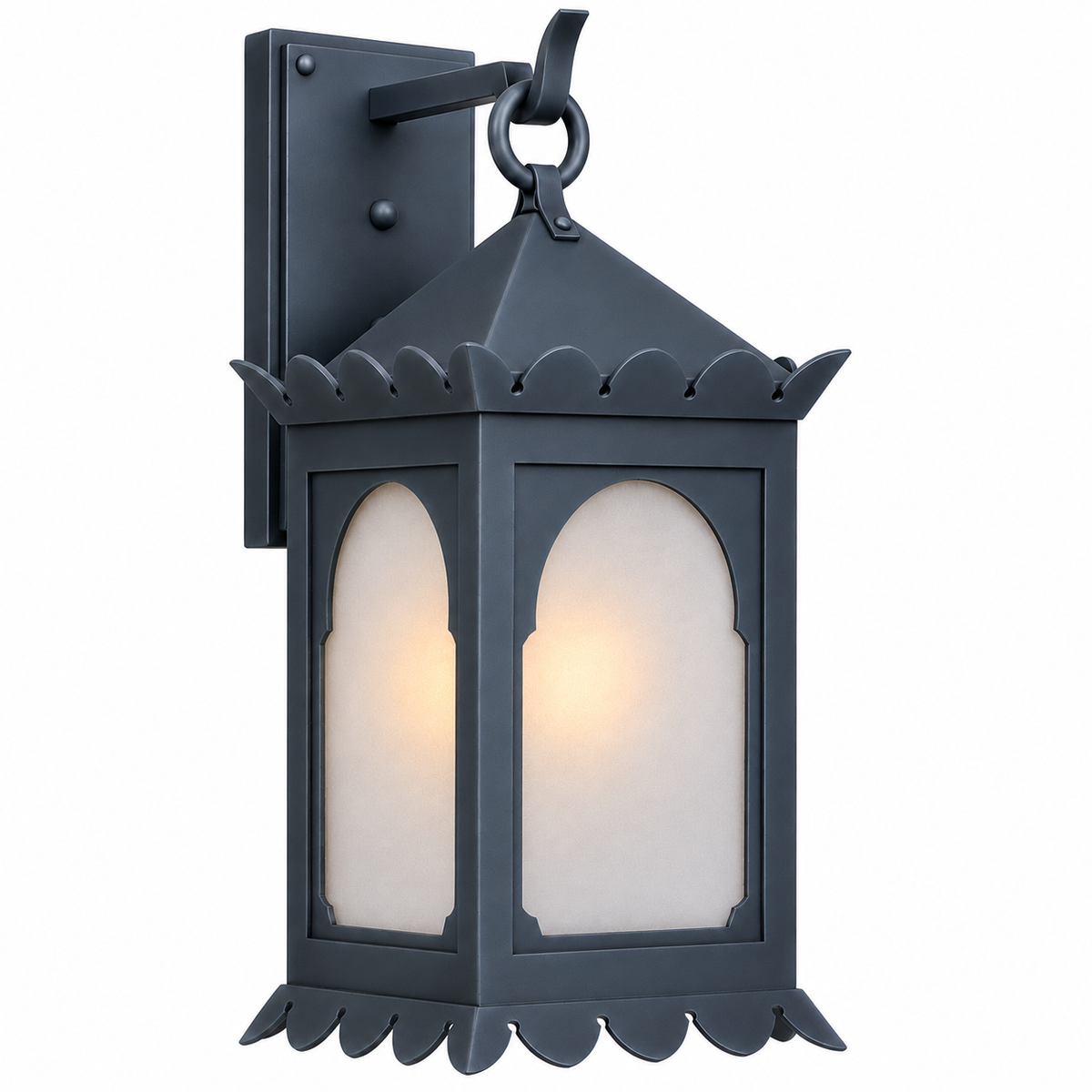 A black metal outdoor wall lantern with scalloped edges and frosted glass panels that glow with warm light, shown against a plain white background.